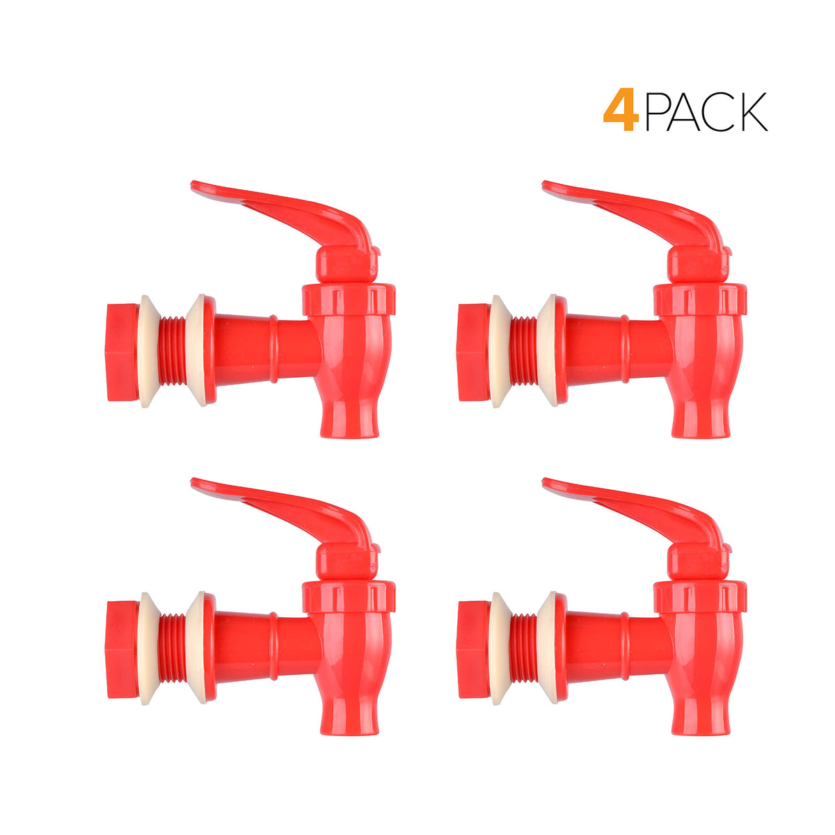 Four BPA-free Water Dispenser Replacement Valves (4-Pack) in red plastic with handles are arranged in a grid on a white background. "4 PACK" is displayed in the top right corner. Ideal for water bottle dispensers or porcelain water crocks.