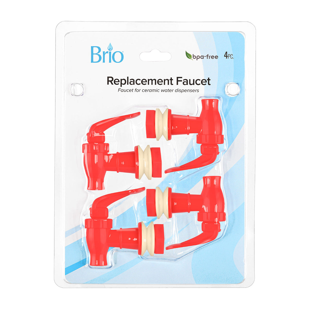 The Water Dispenser Replacement Valves (4-Pack) - Multiple Colors includes four BPA-free red plastic valves with beige bases, designed for ceramic or porcelain water dispensers, packaged in clear wrapping labeled Brio Replacement Faucet.