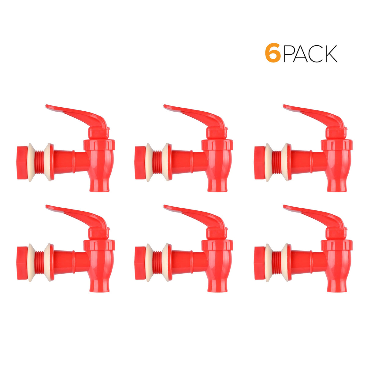 Six Water Dispenser Replacement Valves (6-Pack) in red with white washers, arranged in two rows of three on a white background. "6 PACK" text is at the top right. BPA-free, perfect for water crocks or bottle dispensers.