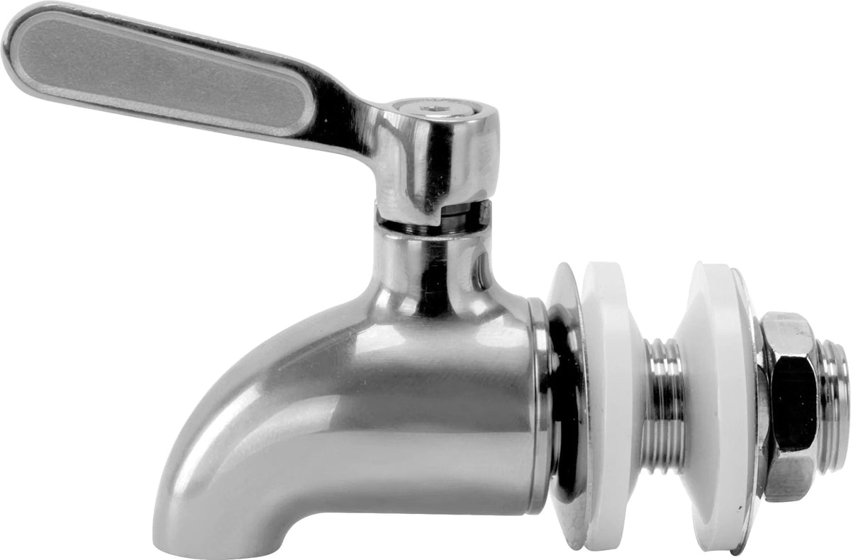 A close-up of the Beverage Dispenser Replacement Spigot in chrome, featuring a horizontal lever handle and threaded components, shown against a white background for easy installation.