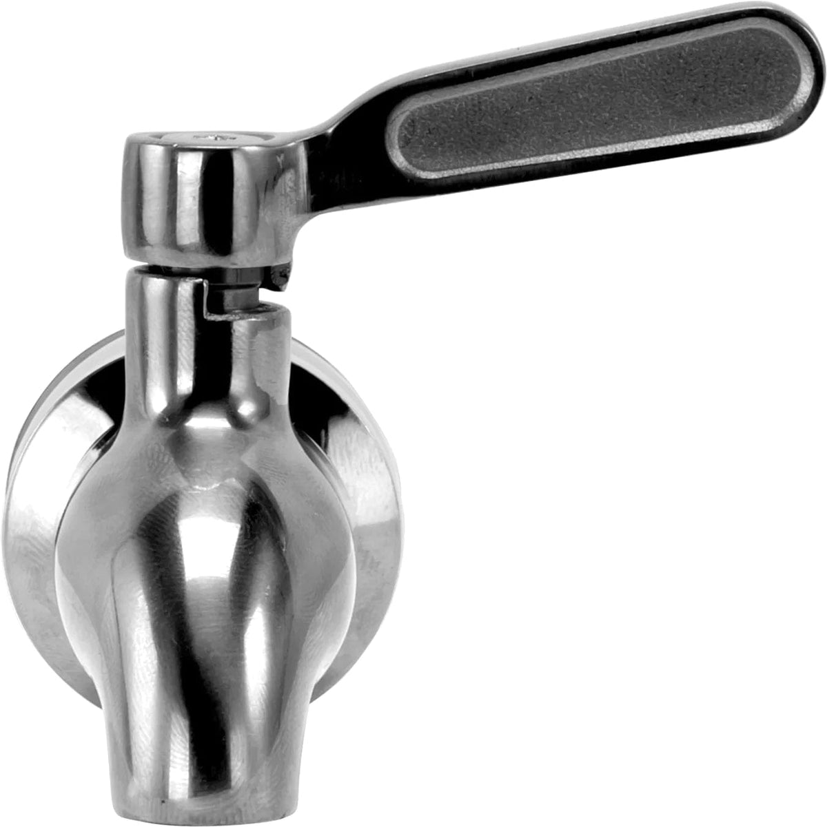 A close-up of the Beverage Dispenser Replacement Spigot in chrome, featuring a black handle in the upright position and mounted on a flat circular base for easy installation.