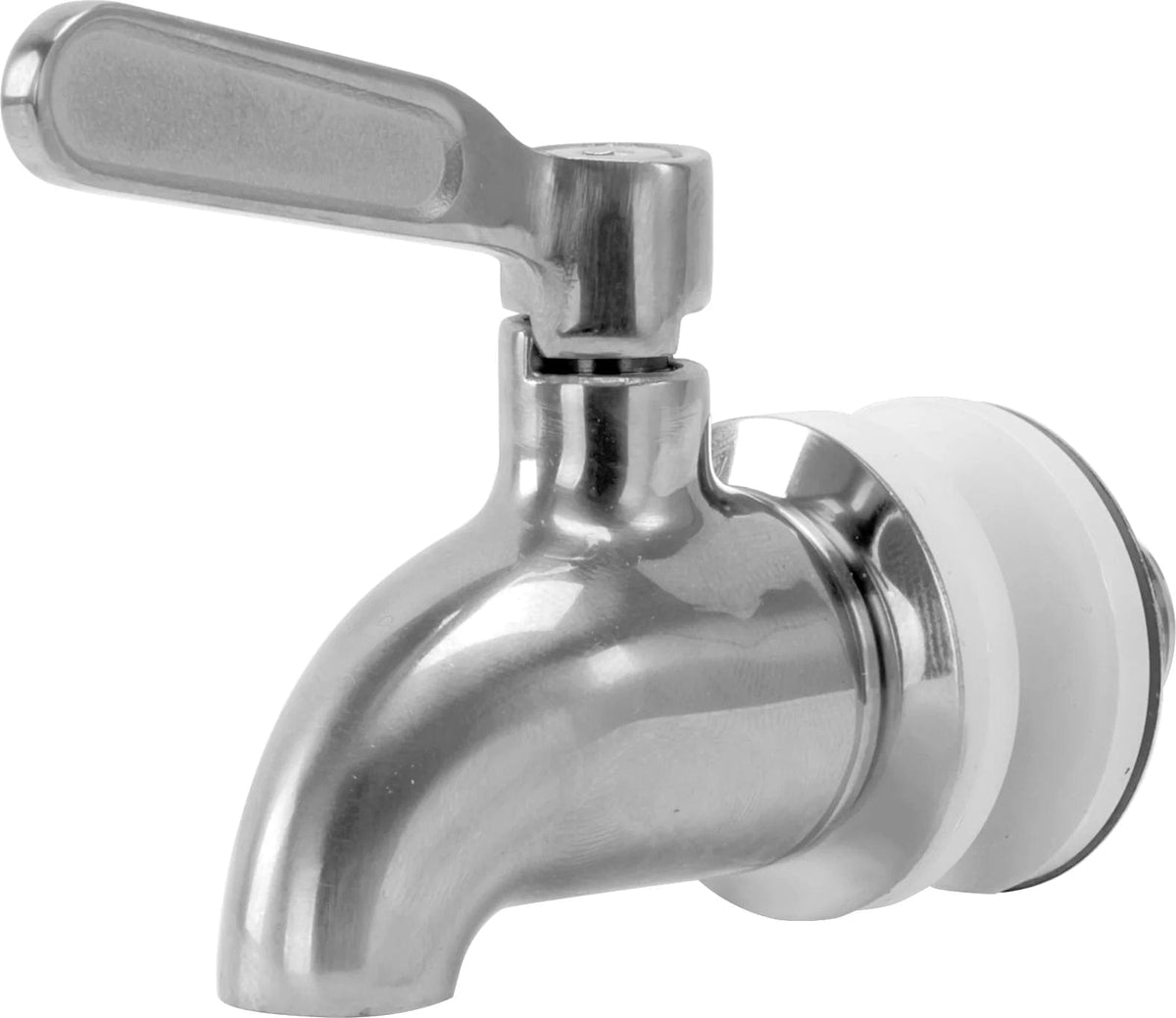 A close-up of the Beverage Dispenser Replacement Spigot in chrome, featuring a stainless steel lever handle and easy installation, isolated on a white background.