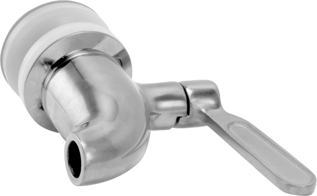 A close-up of the Beverage Dispenser Replacement Spigot, Chrome, featuring a lever handle and white plastic connector for easy installation and reliable liquid dispensing from containers.