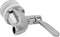 A close-up of the Beverage Dispenser Replacement Spigot, Chrome, featuring a lever handle and white plastic connector for easy installation and reliable liquid dispensing from containers.