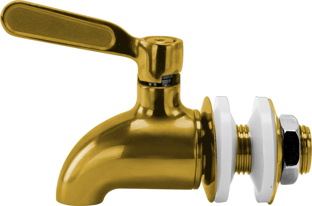 The Beverage Dispenser Replacement Spigot, Gold, features a horizontal lever handle, leak protection, white washers, and a metal nut for easy installation, shown against a white background.