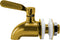 The Beverage Dispenser Replacement Spigot, Gold, features a horizontal lever handle, leak protection, white washers, and a metal nut for easy installation, shown against a white background.