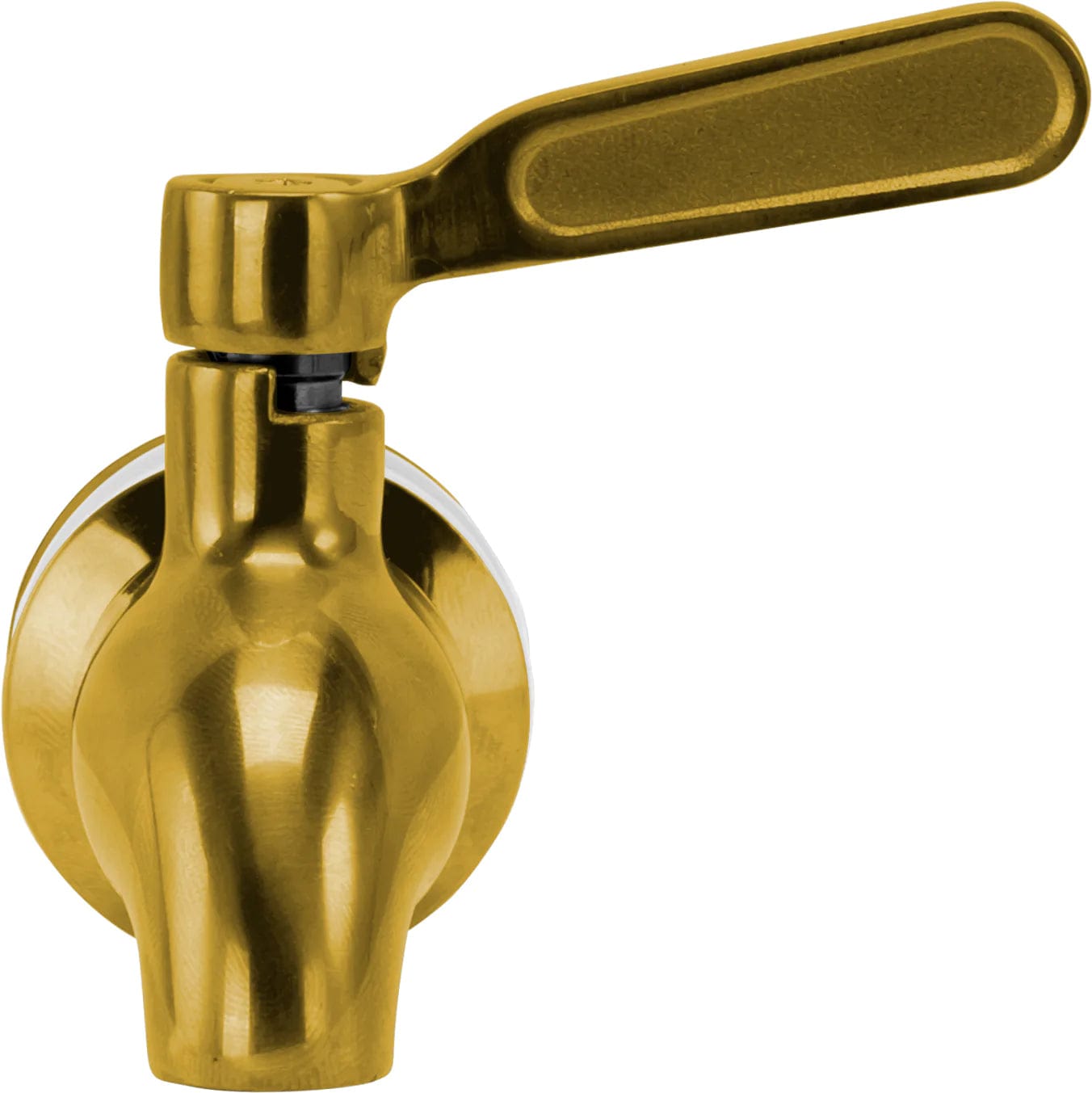The Brio Beverage Dispenser Replacement Spigot in gold features a sleek, modern design with leak protection, mounted on a circular base and shown horizontally against a white background for easy installation.