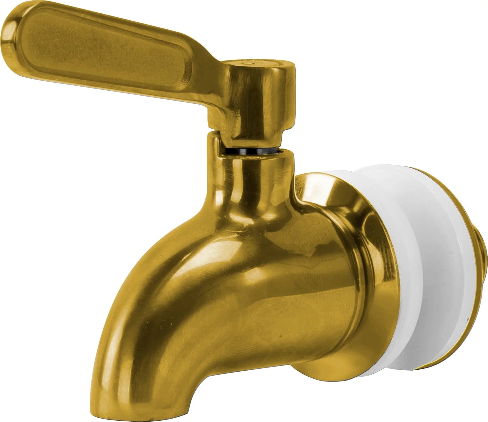 The Brio Beverage Dispenser Replacement Spigot in gold features a horizontal lever handle and a white plastic connector for easy installation and reliable leak protection, shown isolated on a white background.