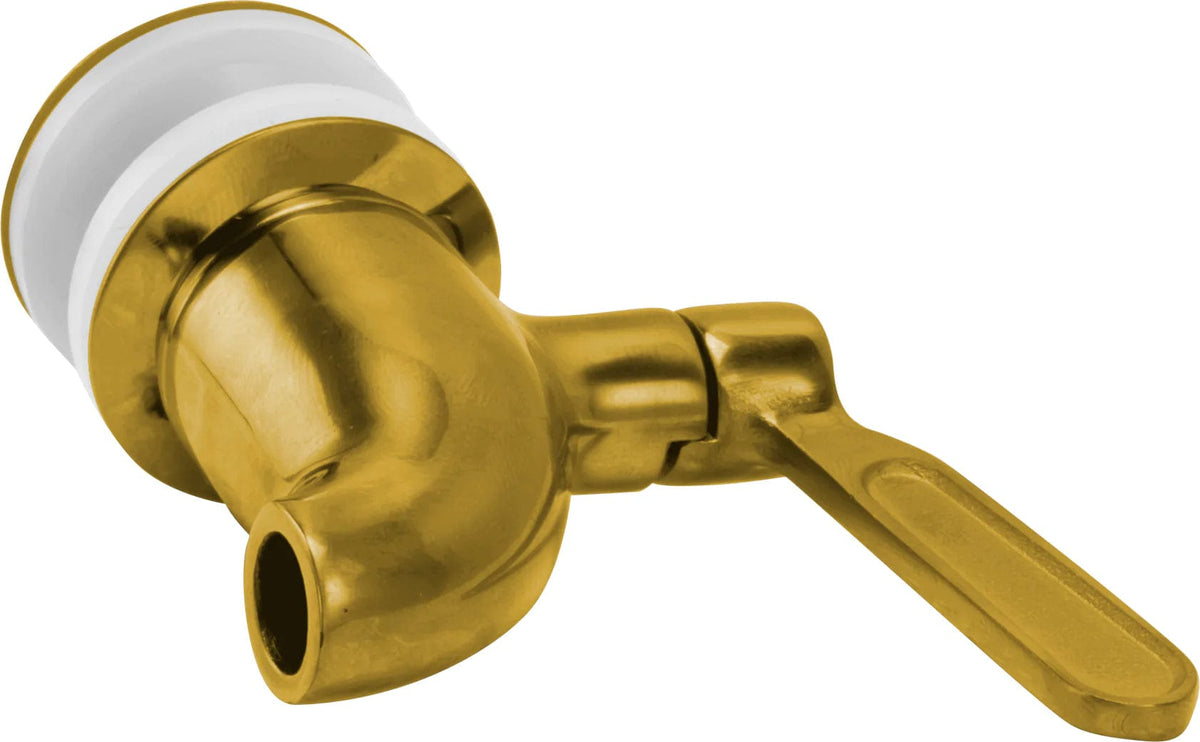 The Beverage Dispenser Replacement Spigot, Gold, has a brass body, white plastic collar, and lever handle. Its angled spout and leak protection ensure reliable liquid dispensing, while the extended handle allows for easy installation and use.