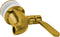The Beverage Dispenser Replacement Spigot, Gold, has a brass body, white plastic collar, and lever handle. Its angled spout and leak protection ensure reliable liquid dispensing, while the extended handle allows for easy installation and use.