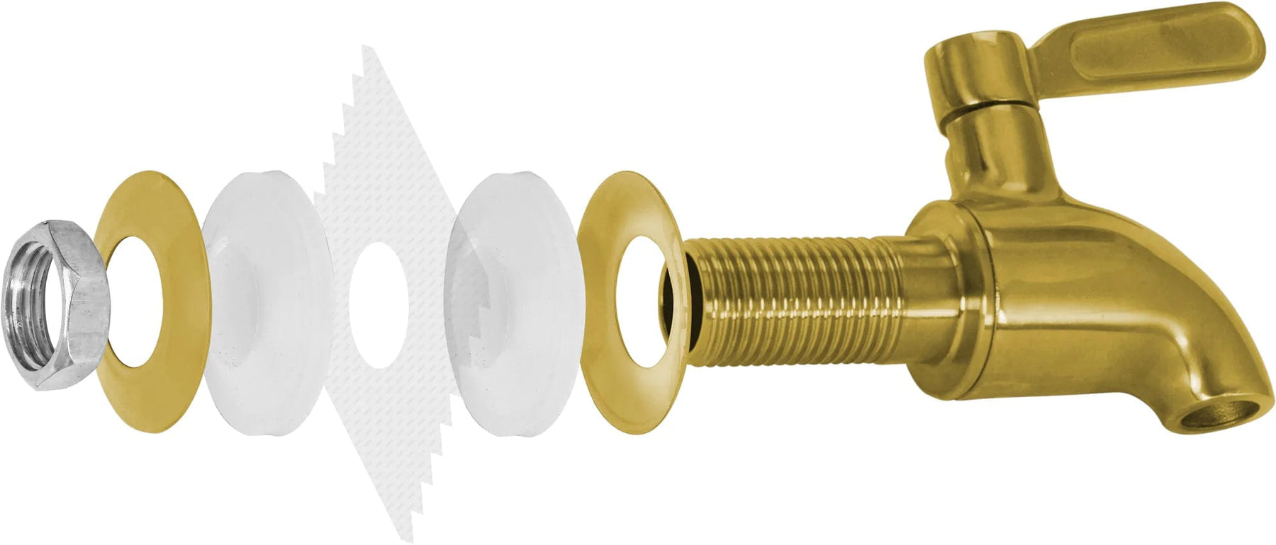 Exploded view of the Brio Beverage Dispenser Replacement Spigot, Gold, showing all key components—washers, metal and plastic rings, and the spigot body—arranged left to right for quick installation and enhanced leak protection.