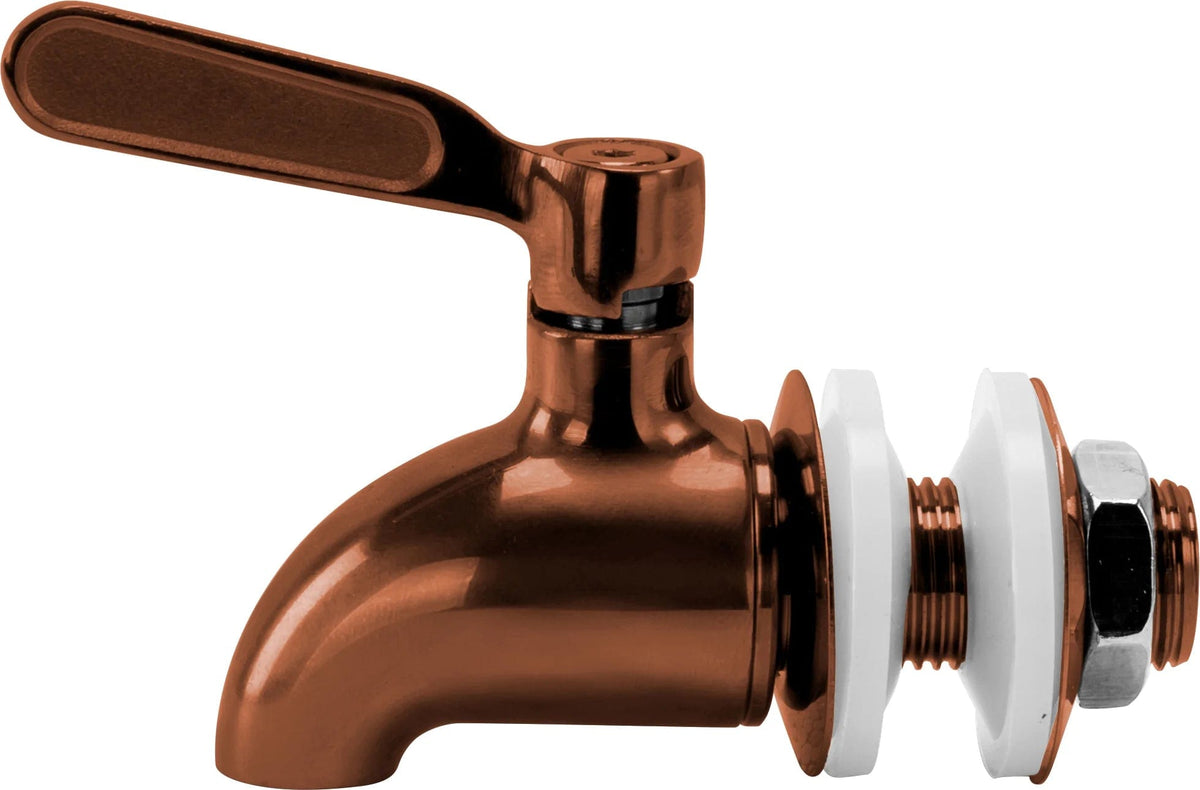 The Beverage Dispenser Replacement Spigot in bronze features a flat lever handle, white plastic washers, and a threaded mounting section with a nut for easy installation and improved leak protection.
