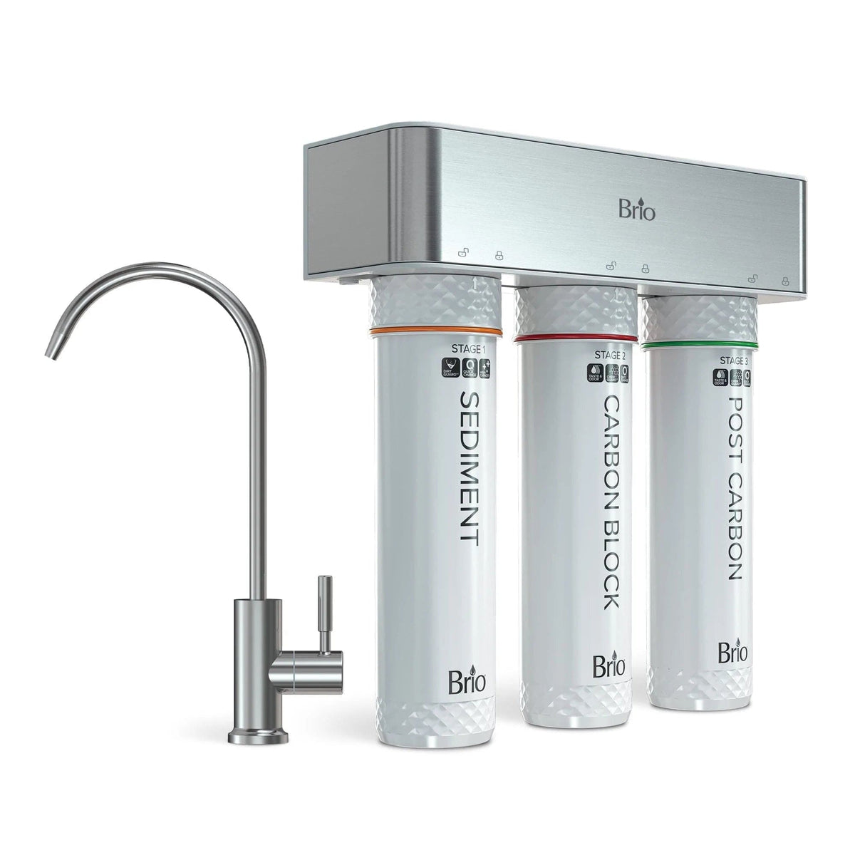 The 3-Stage Under Sink Filtration System features stainless steel construction with Sediment, Carbon Block, and Post Carbon filters, mounted vertically for pure drinking water and includes a modern metal faucet.