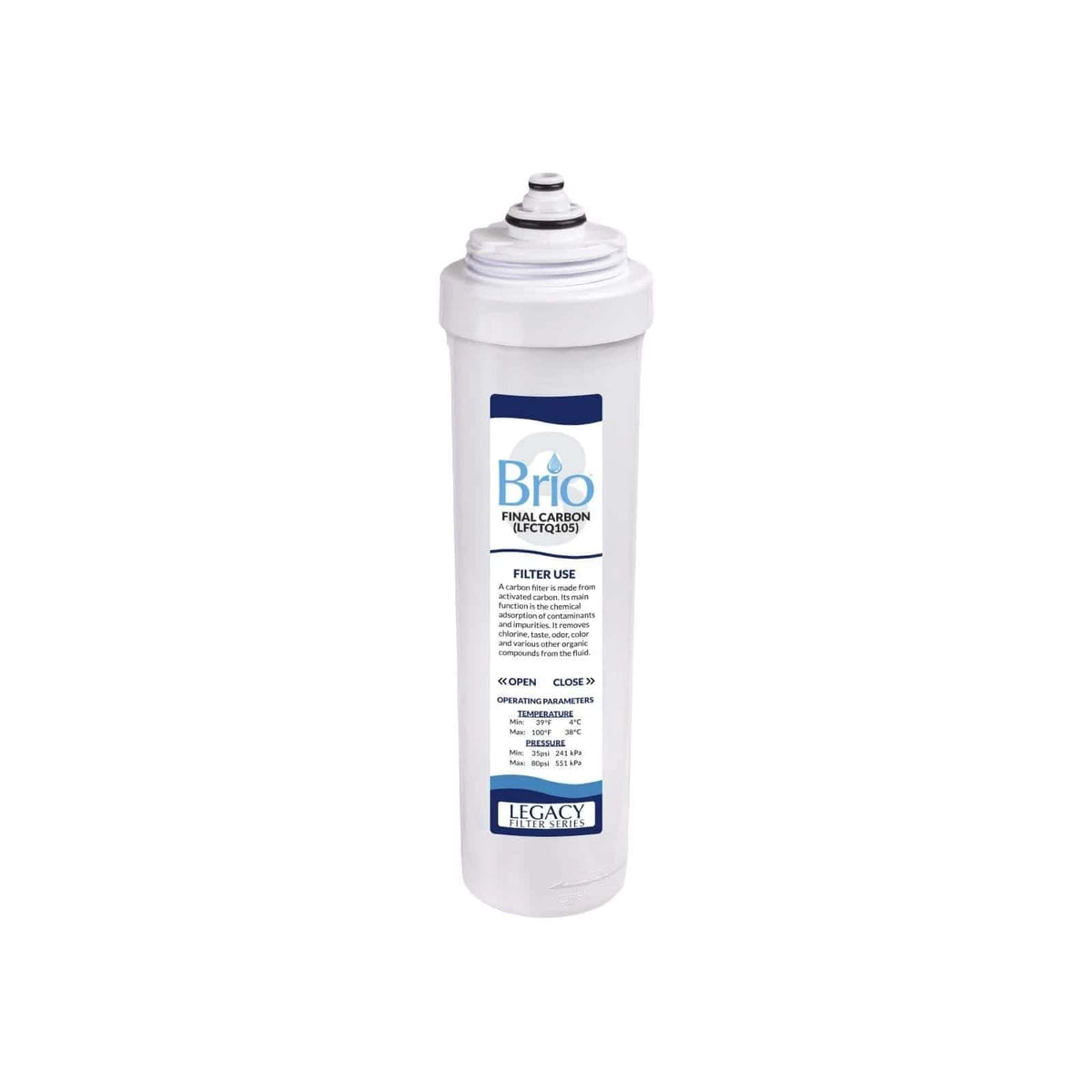 The Brio Final Carbon Filter - Legacy Series is a white cylindrical cartridge with a blue and white label, black text, and installation instructions, standing upright against a plain white background.