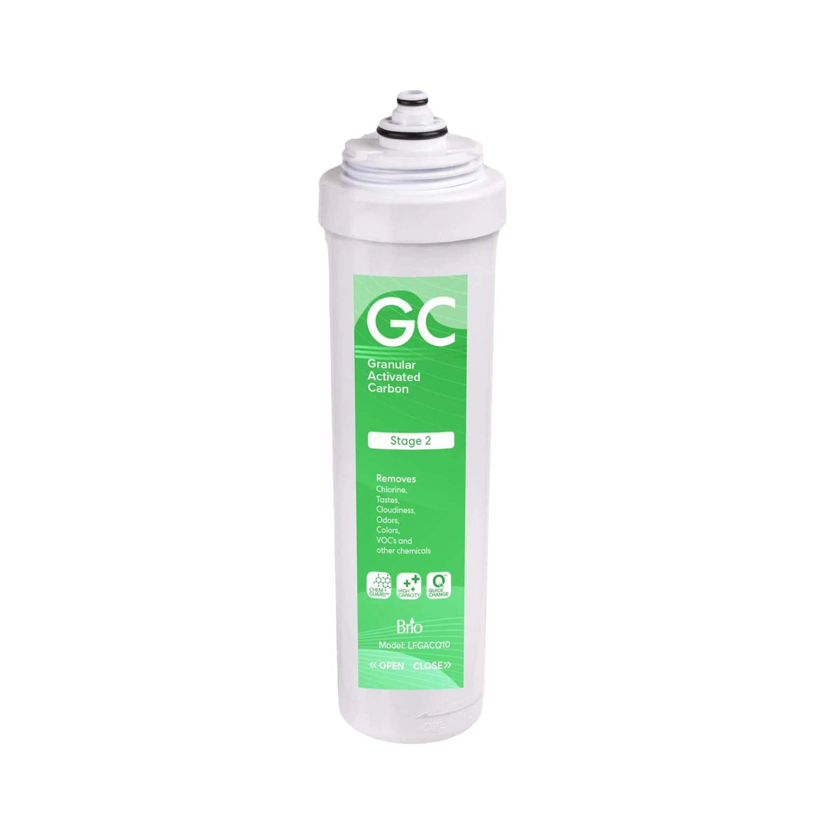 The Stage 2 Granular Activated Carbon Filter - Legacy Series features premium filtration to remove chlorine, bad taste, odors, VOCs, and other chemicals. White cartridge with a green GC label indicates its advanced performance.