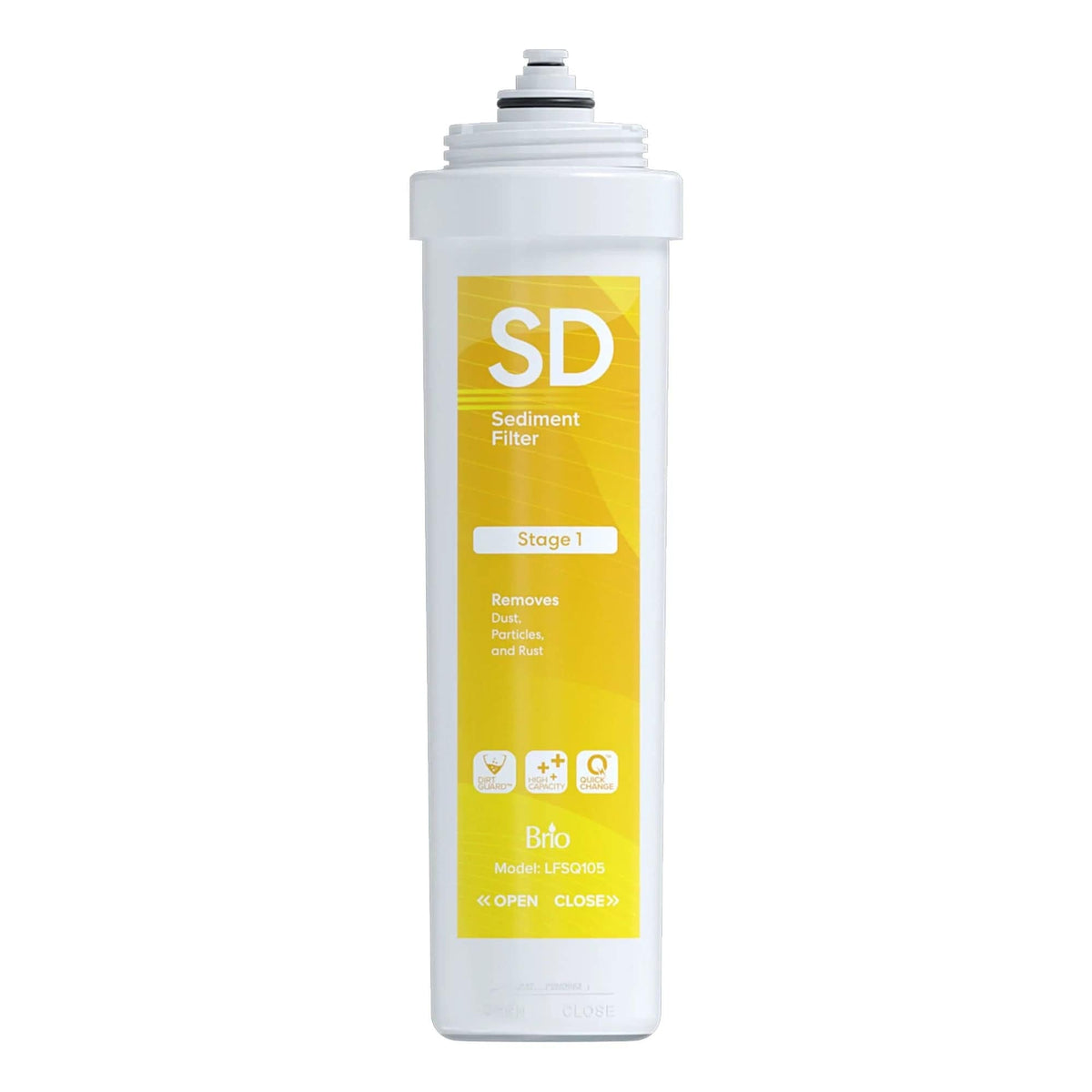 A white and yellow Stage 1 Sediment Filter - Legacy Series cartridge, labeled SD Sediment Filter Stage 1, is designed for long-lasting removal of dust, particles, and rust. Model LPS030S appears near the bottom.