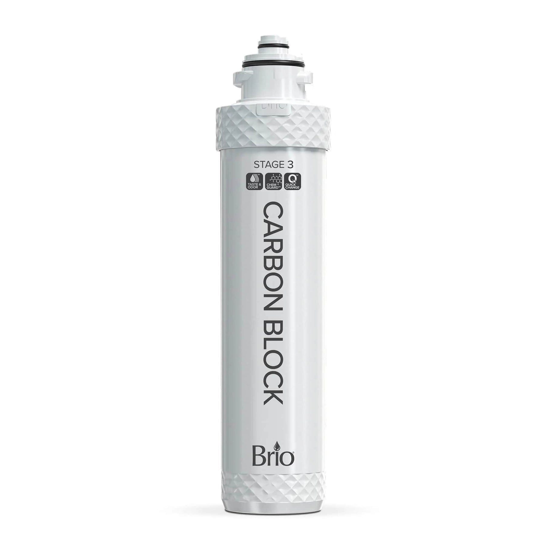 The Brio Stage 3 Carbon Block Filter, a white cylindrical filter for water purification and chlorine reduction, stands upright on a white background.