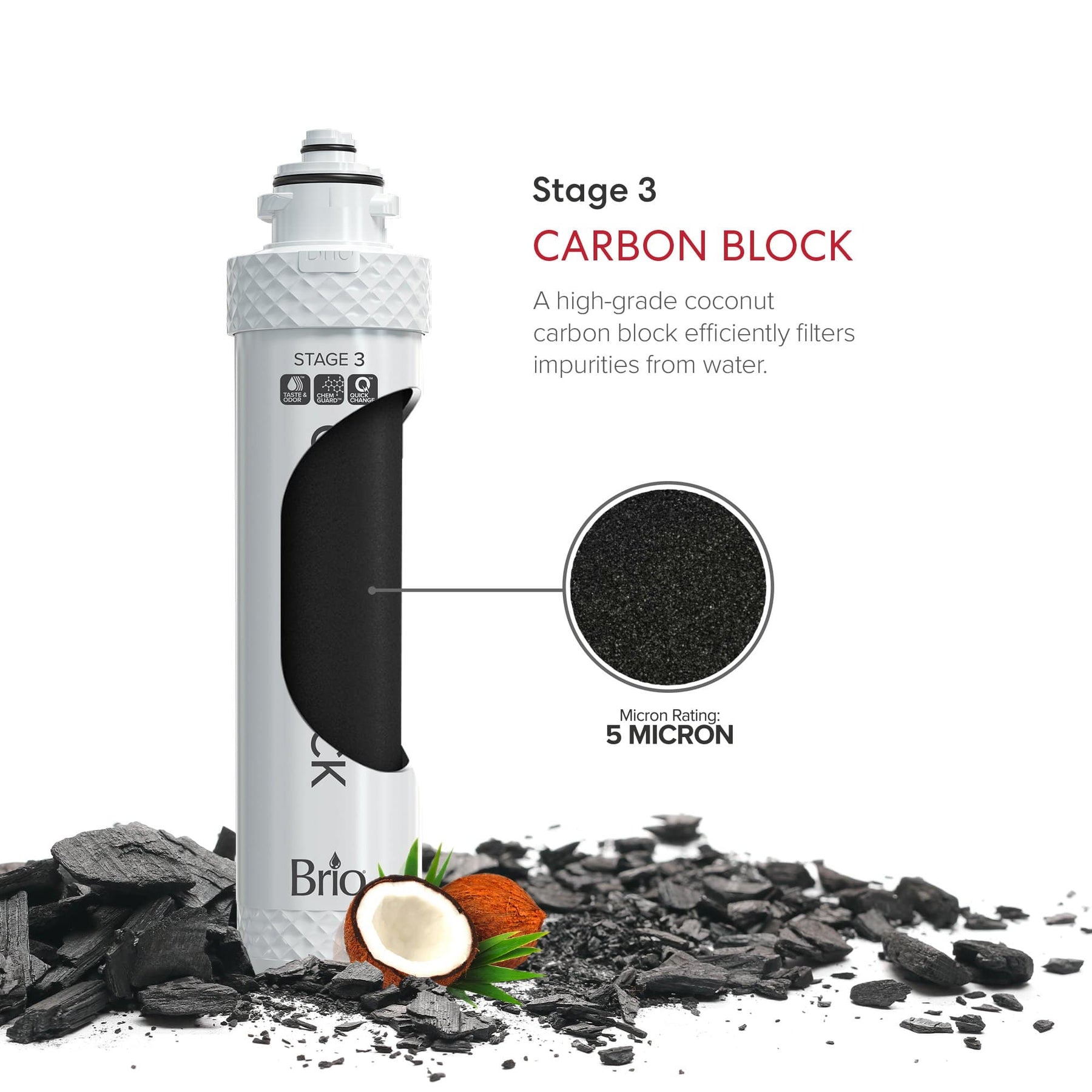 The Brio Stage 3 Carbon Block Filter is shown cut open to reveal a black carbon block. The text notes it uses premium coconut carbon for chlorine removal and purification. Charcoal pieces and a coconut sit beside the filter.