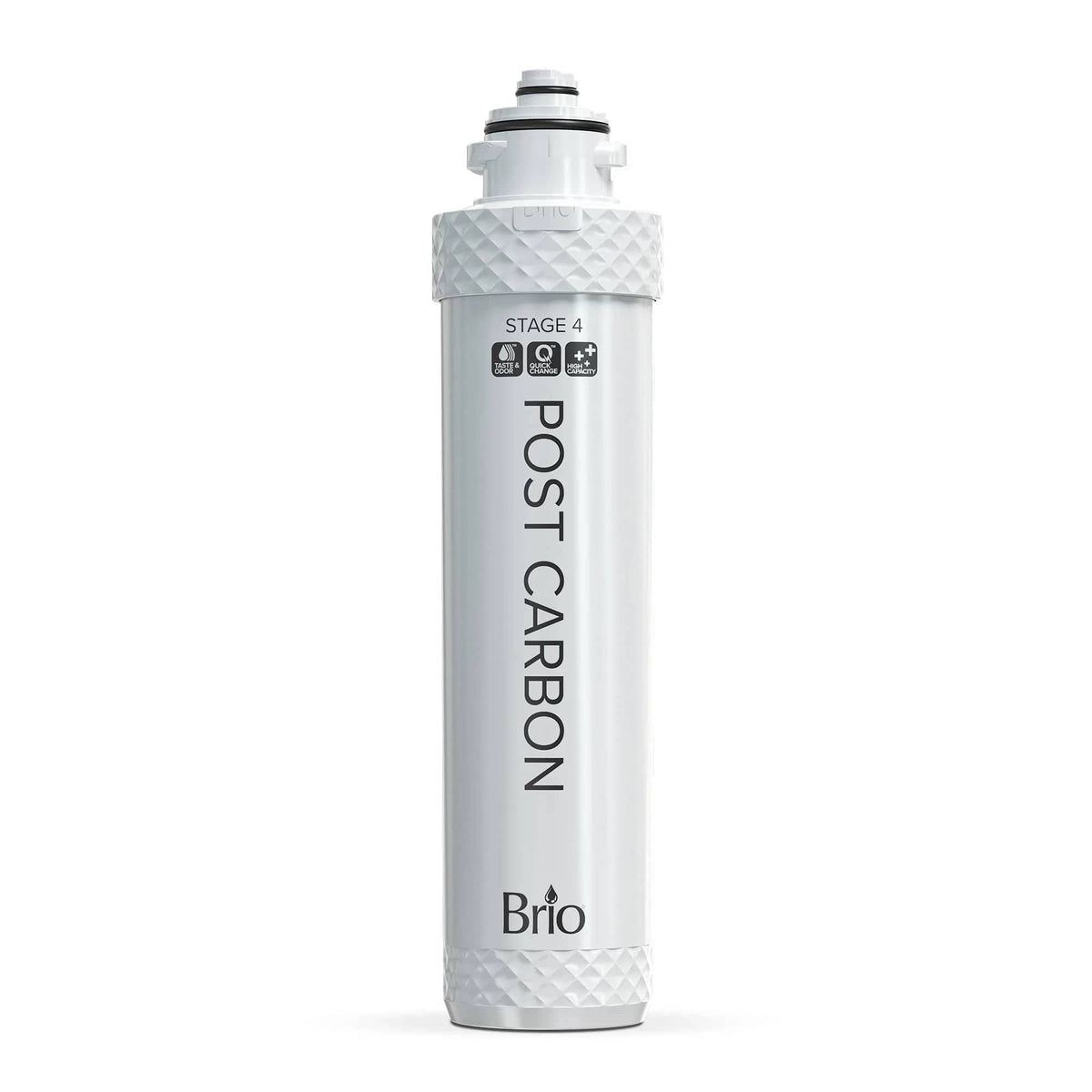 The Stage 4 Post-Carbon Filter for 4-Stage Water Dispensers is a white cylindrical filter with the Brio logo at the base, shown upright against a white background. This durable water purifier ensures lasting filtration performance.