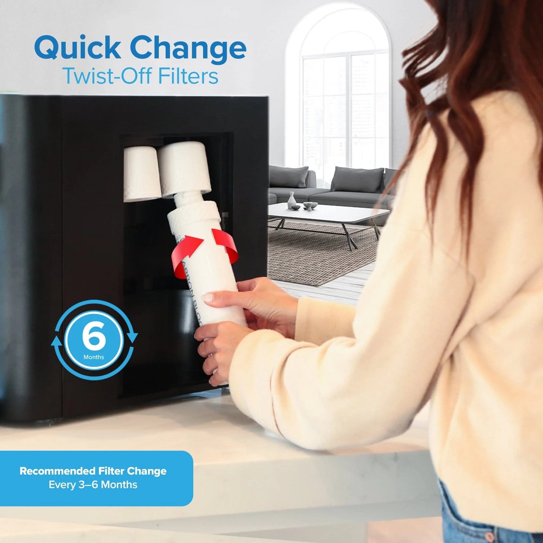 A person twists off a Brio Stage 4 Post-Carbon Filter from a black appliance. Text reads “Quick Change Twist-Off Filters” and “Recommended Filter Change Every 3–6 Months.” A living room is visible in the background.