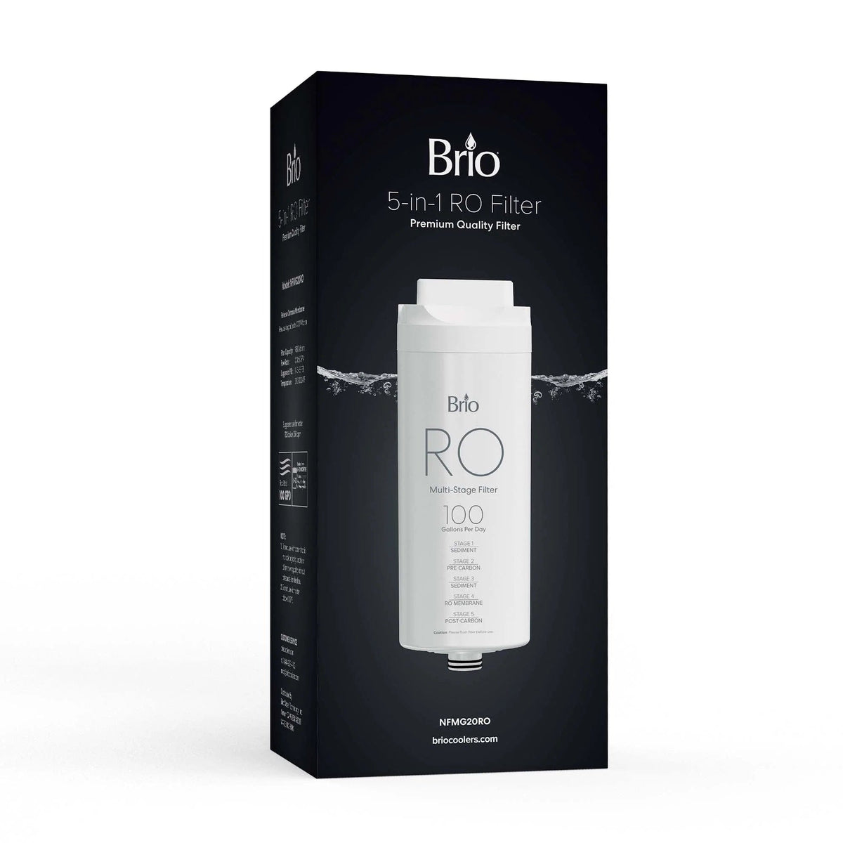 A black box featuring a picture of the 5-in-1 RO Filter - G20 for water purification. The packaging shows “premium quality filter,” a multi-stage reverse osmosis image, and “100” in bold below the product name.