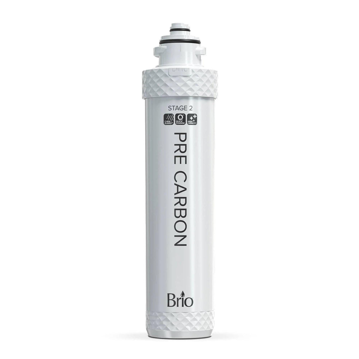 The Stage 2 Pre-Carbon Filter for 4-Stage Water Dispensers by Brio is a white cylindrical filter with textured grips at the top and bottom for easy handling, designed specifically for water purifiers.