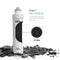 A Stage 2 Pre-Carbon Filter for 4-Stage Water Dispensers is shown with a cutaway revealing its granular activated carbon inside, highlighting effective impurity removal, long filter life, 0.8 GPM flow rate, and loose carbon pieces below.