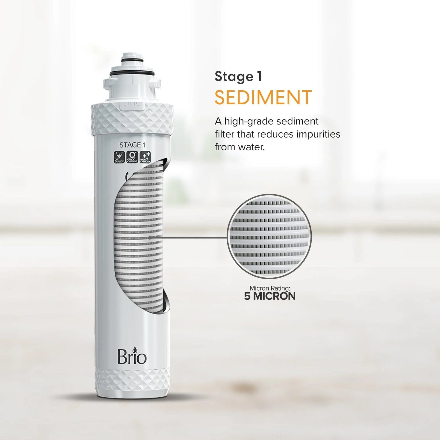 The Brio Stage 1 Sediment Filter is displayed with a cutaway view of its layered media, illustrating how it effectively removes impurities from water using a precise 5-micron filtration system.