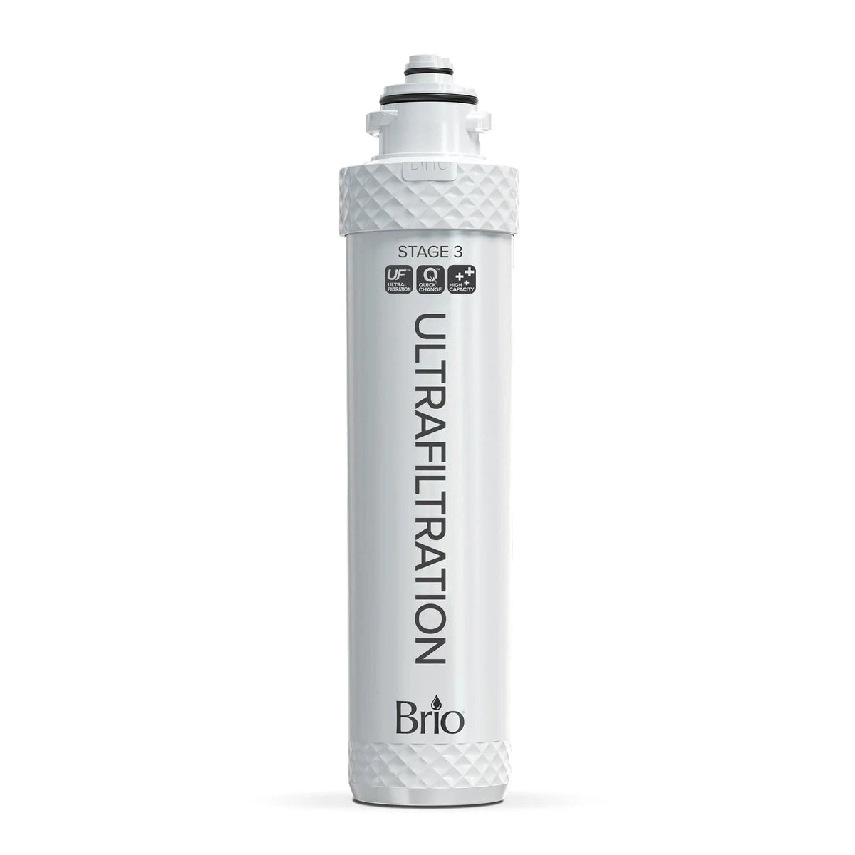 The Stage 3 Ultrafiltration Filter for 4-Stage Water Dispensers – Non RO is shown upright, featuring a white cylindrical design, textured ends, filtration feature icons, and an NSF certification on a plain white background.