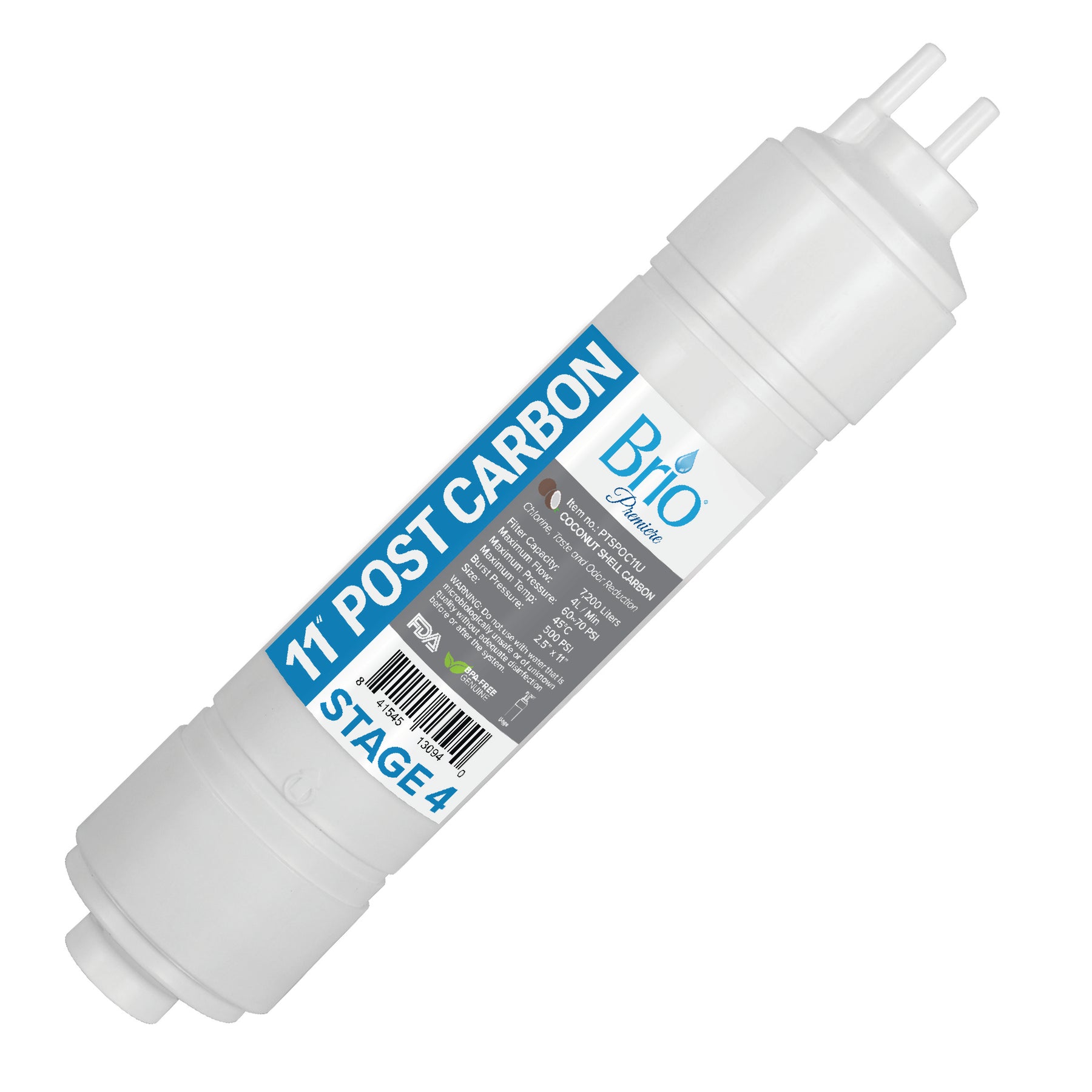 A white cylindrical Brio Premiere 5 Micron Inline U-Type Coconut Shell G.A.C Filter, 11" with blue and gray branding and dual inlet/outlet connectors—perfect for enhancing your RO system's water quality.