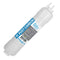 A white, cylindrical Brio Premiere Series 5 Micron Inline U-Type Coconut Shell G.A.C Filter (11"), with blue and gray text and ports at both ends, designed for RO systems, shown diagonally on a white background.