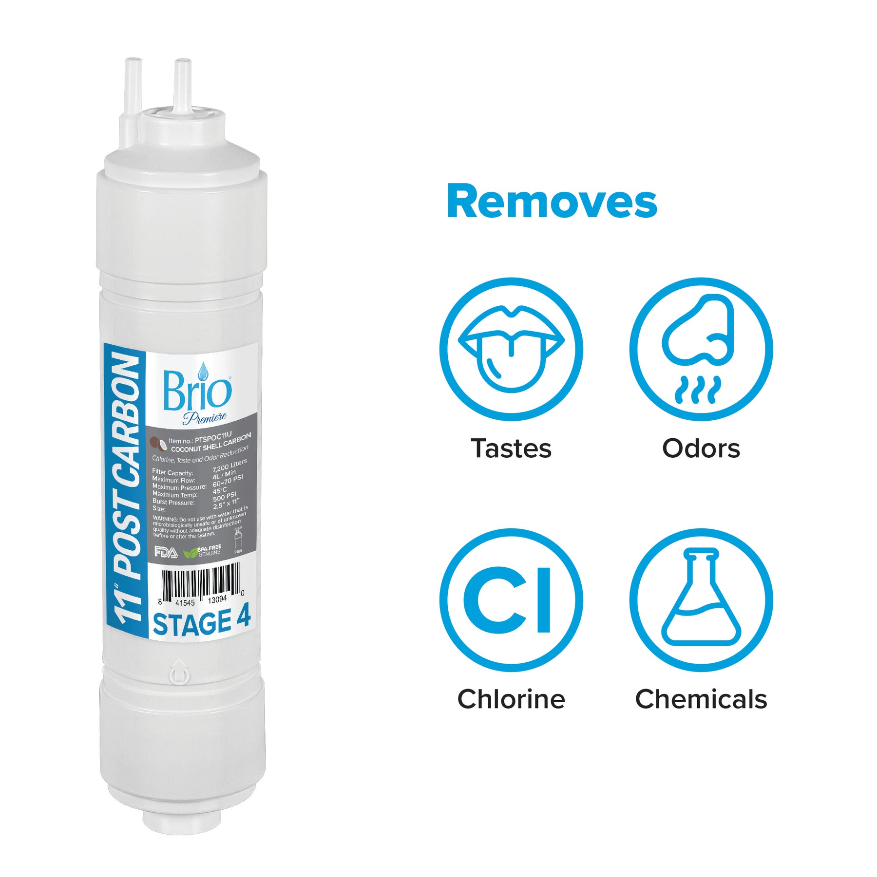 A Brio Premiere 5 Micron Inline U-Type Coconut Shell G.A.C Filter, 11”, is shown with blue icons. Text reads “Removes: Tastes, Odors, Chlorine, Chemicals.” The filter is labeled as “Stage 4” and features coconut shell carbon for advanced filtration.