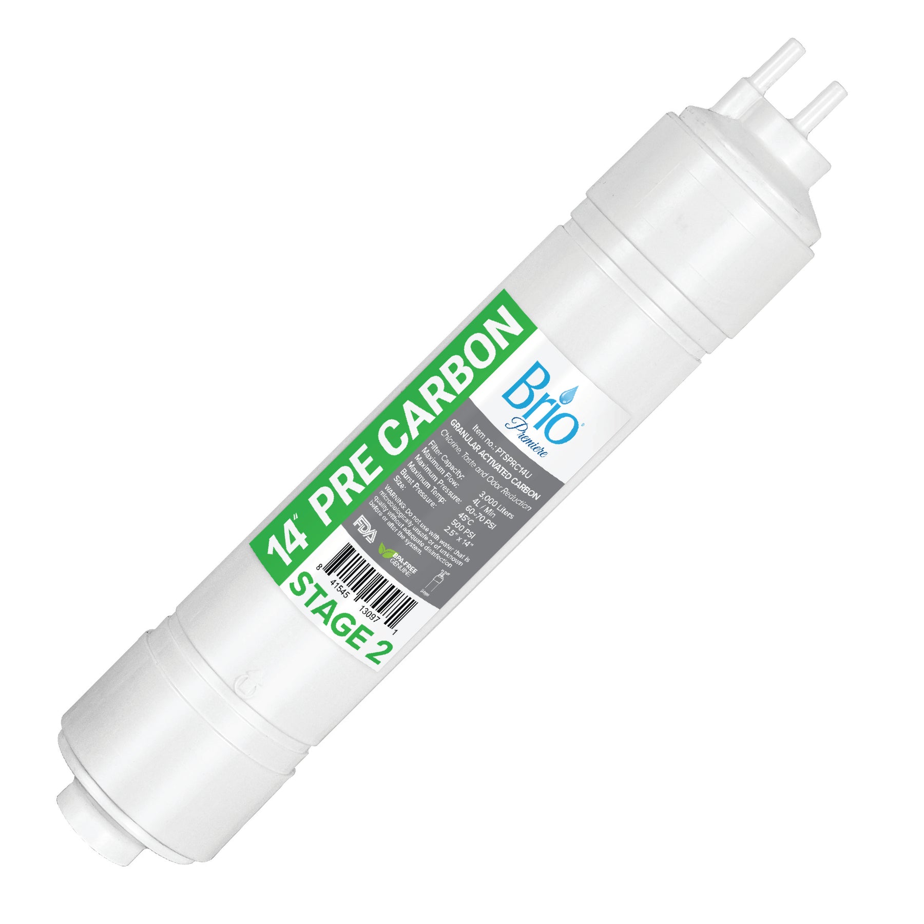 The Brio U-Type Pre-Carbon Filter, 2.5" x 11", is a white cylindrical premium filter with green and gray accents, U-type design, and dual-end ports for long-lasting filtration performance.