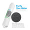 The U-Type Pre-Carbon Filter, 2.5" x 11", is shown beside black granular coconut shell carbon, with text highlighting its ability to filter chlorine and remove odors, tastes, and contaminants from water.