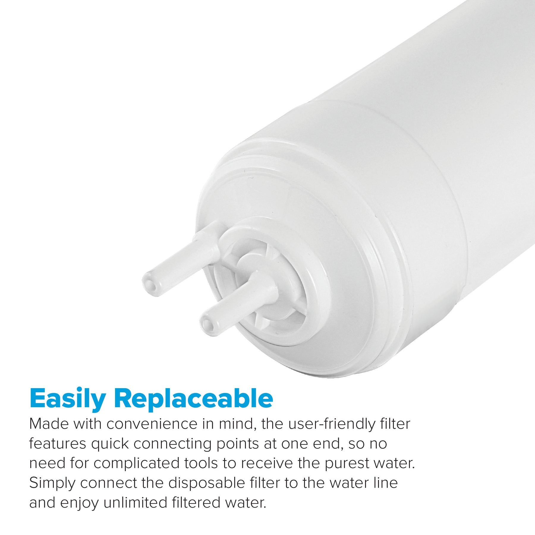 The Brio U-Type Pre-Carbon Filter, 2.5" x 11", is a white cylindrical filter with two quick-connect ports, designed for easy replacement, durable filtration, and convenient hookup to your water line.
