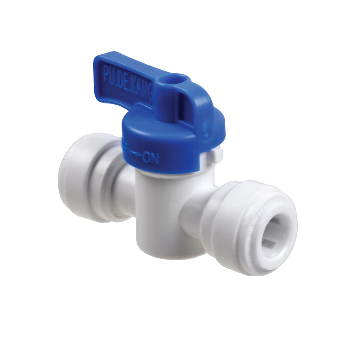 The Straight OD Female Tube Valve with Push Fit Inlet & Outlet (10-Pack) features a blue lever handle and two white tube fittings, offering easy push-fit connections for water or plumbing systems.