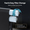 Image featuring the Reverse Osmosis Undersink Filtration System - G20 Series Black, with a blue arrow highlighting two cartridges being replaced. The text reads: Fast & Easy Filter Change, emphasizing benefits such as tool-free replacement, convenient front access, rapid water dispensing, and advanced contaminant reduction—all in a sleek RO undersink system.