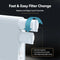 A close-up of a G20 Series White Reverse Osmosis Undersink Filtration System shows an arrow highlighting the simple cartridge replacement process. Text emphasizes fast, tool-free filter changes with convenient front access for immediate use, while showcasing advanced contaminant reduction to deliver cleaner, safer water.