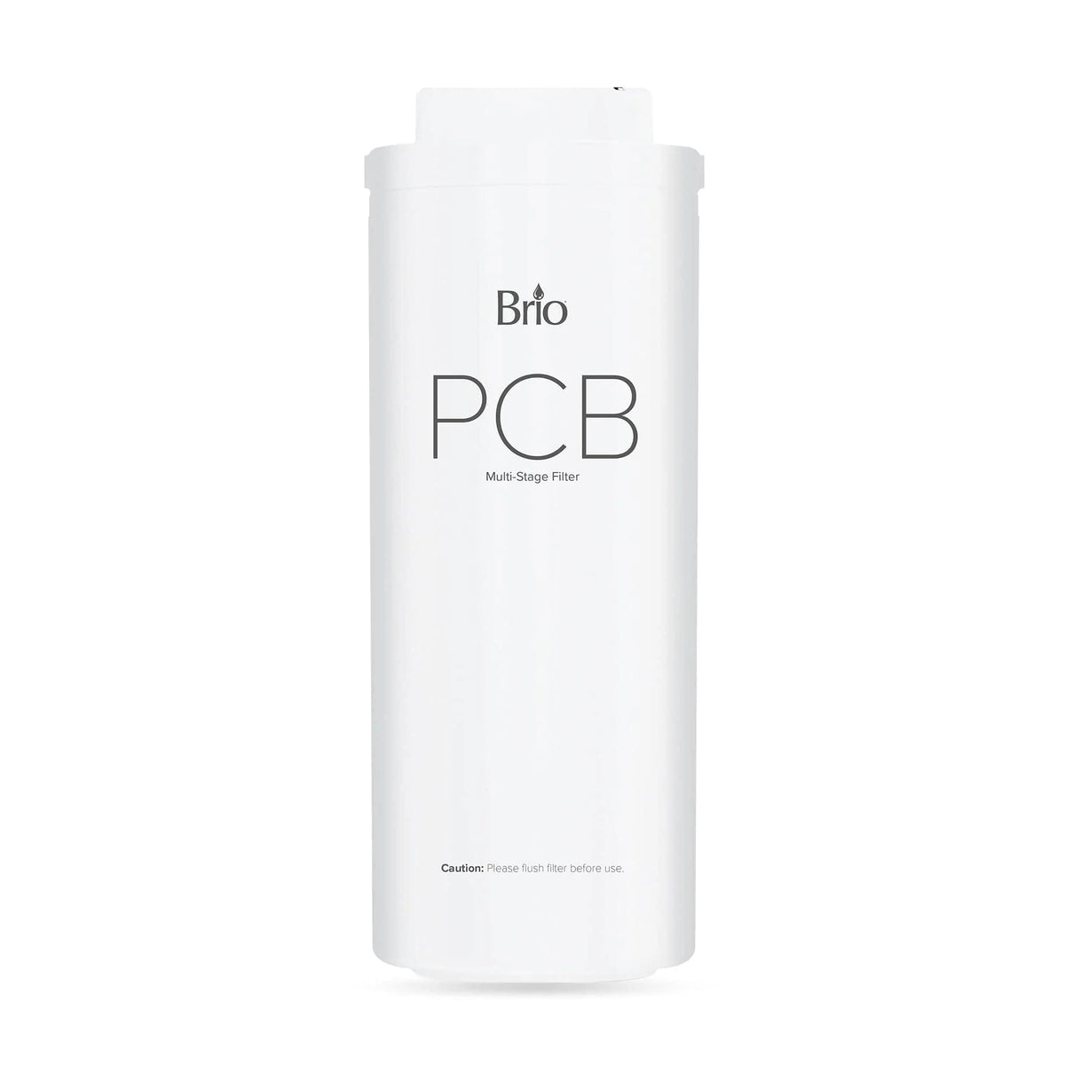 The white cylindrical PCB 3-Stage Filter - TROE600PRISM cartridge is pictured upright against a plain background, featuring clear black text labeling for effective chlorine reduction.