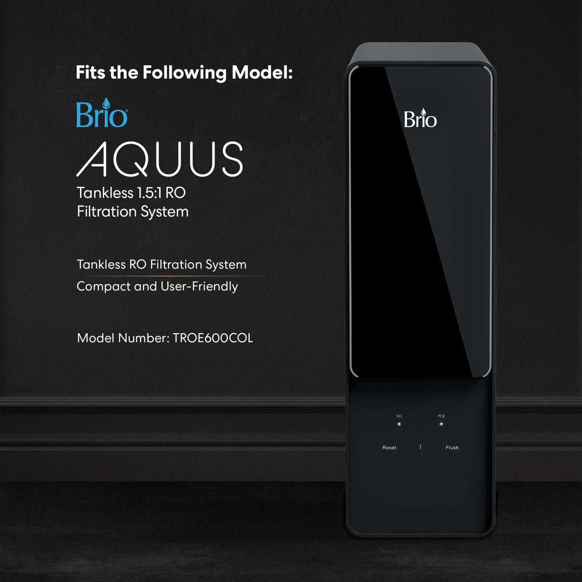 A black RO Membrane Filter 600GPD (TROE600COL) stands against a dark background. Text on the left highlights its premium filtration features and efficient reduction of total dissolved solids.