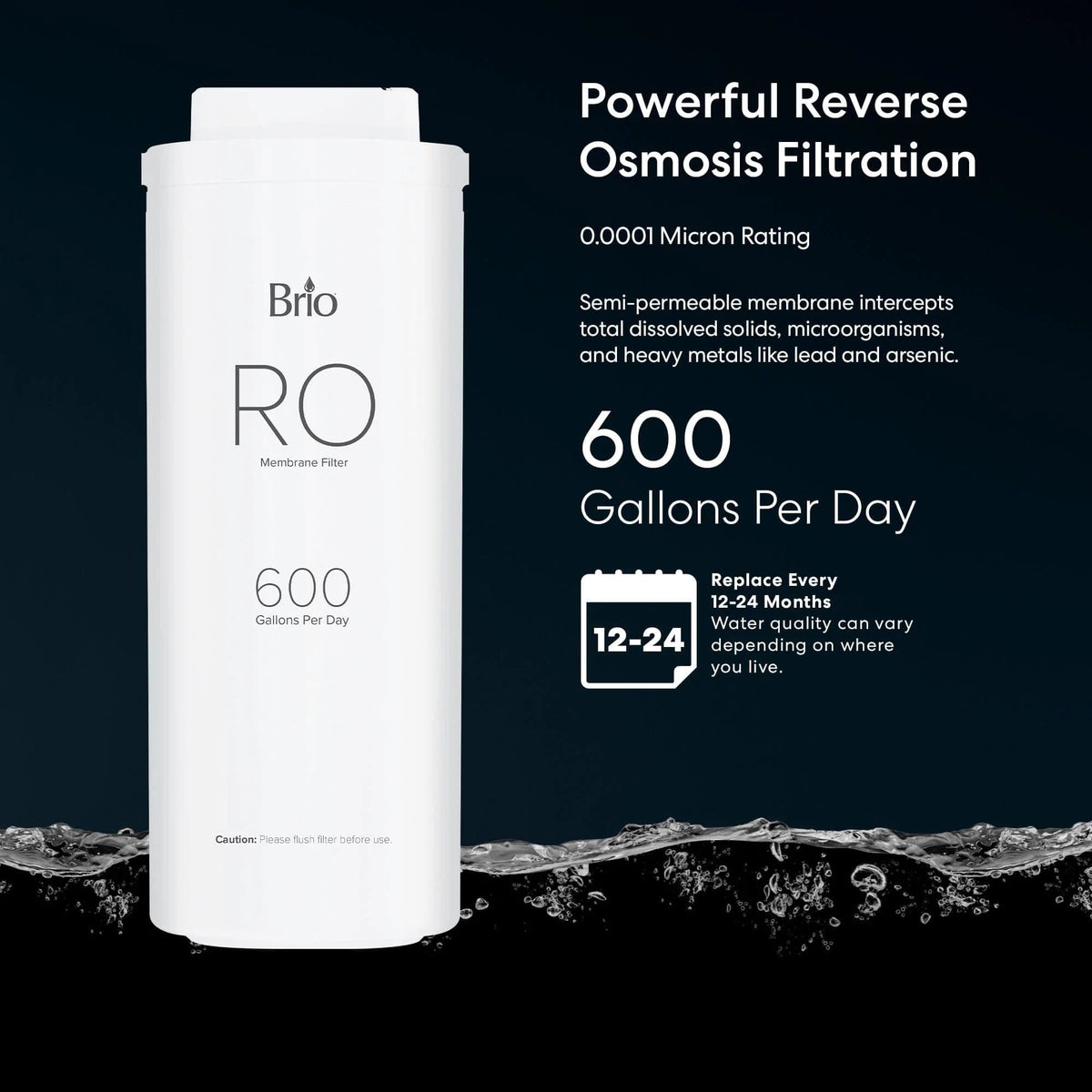 The Brio RO Membrane Filter 600GPD - TROE600PRISM is shown on a black background with water splashing below, featuring premium filtration, a 0.0001 micron rating for reduced TDS, 600 GPD capacity, and a 12-24 month replacement cycle.