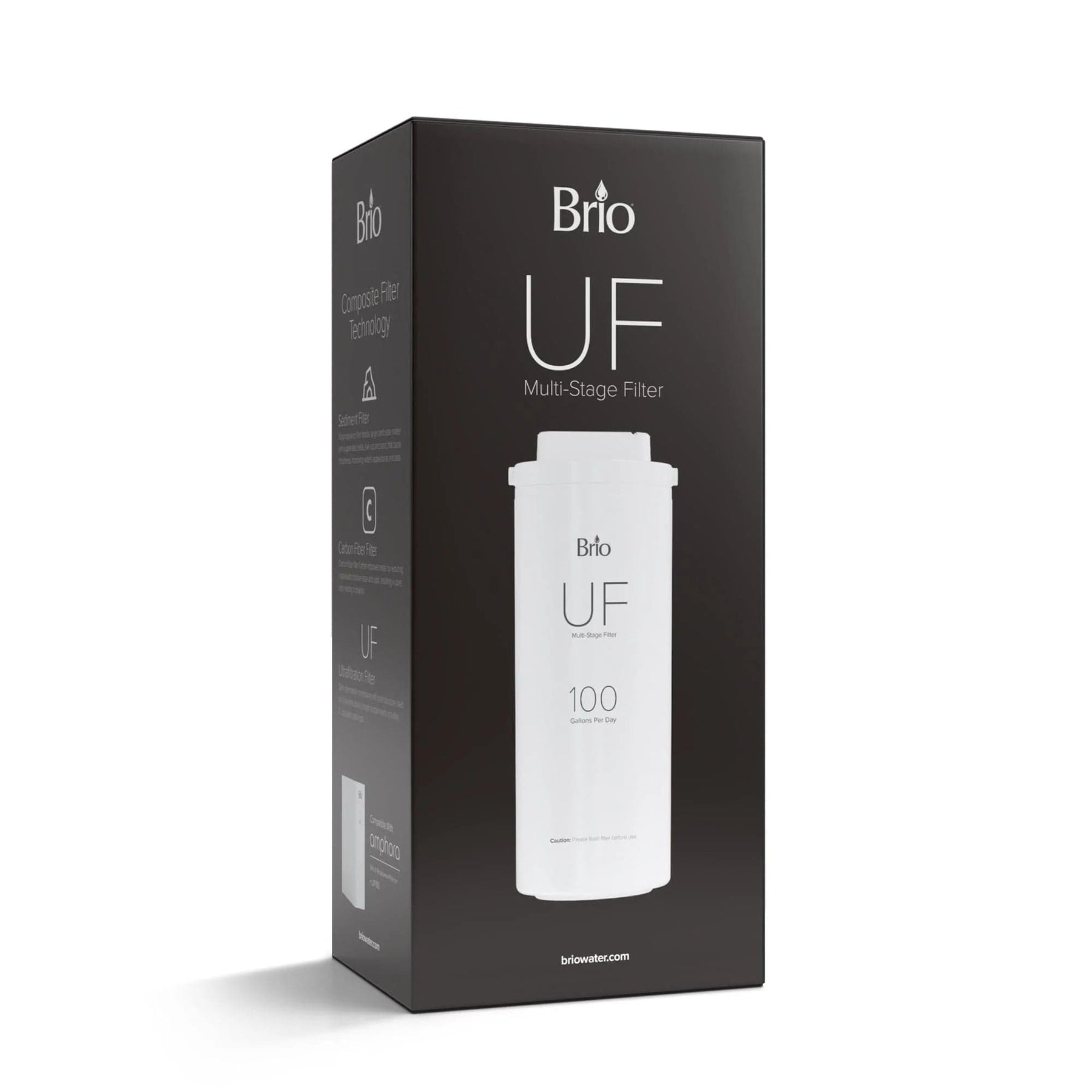 A black box with white text displays the Brio 3-in-1 Ultrafiltration Filter (UF100FBLK, UF100FWHT), featuring an advanced ultrafiltration cartridge and highlighting its 100-gallon capacity on the front.