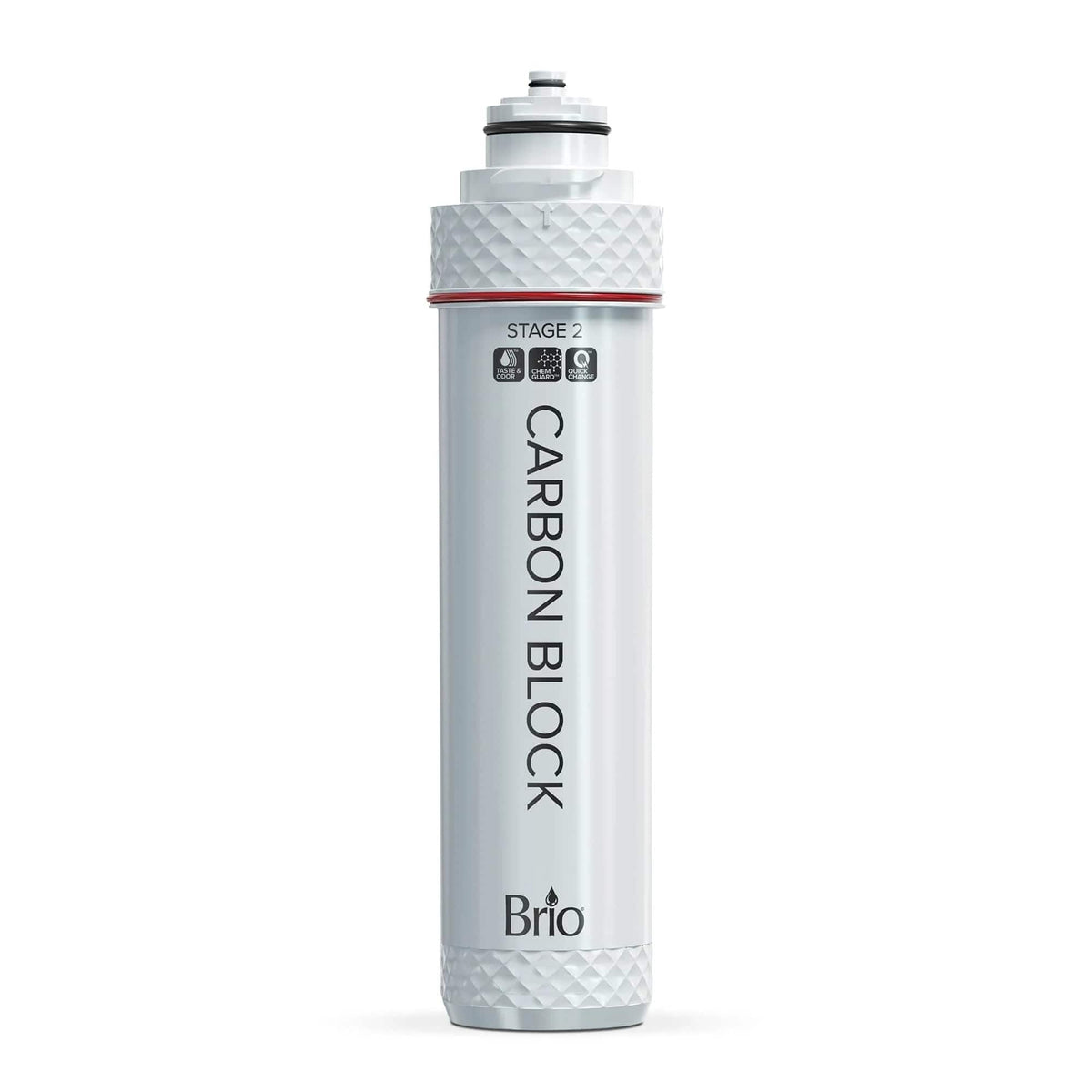 The Stage 2 Carbon Block Filter for 2 & 3 Stage Under Sink Systems by Brio is a white, cylindrical filter with textured ends, NSF certified for lead reduction, and "Stage 2" marking, shown upright on a white background.