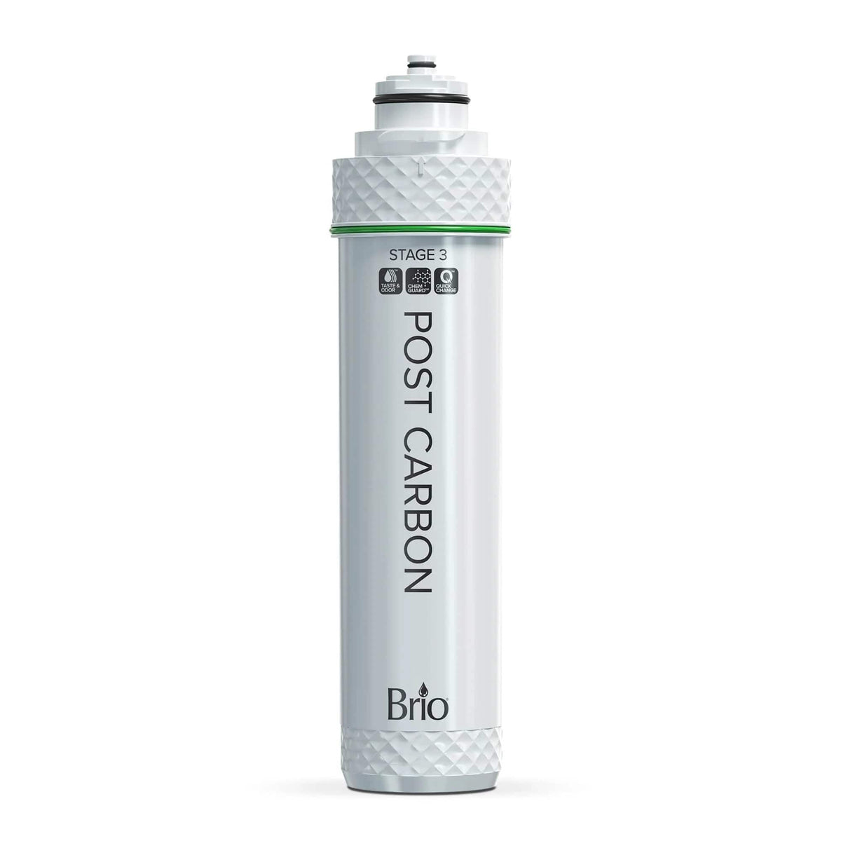 The Stage 3 Post-Carbon Water Filter for 3 Stage Under Sink Systems is a white cylindrical filter, labeled POST CARBON with STAGE 3 near the top and Brio at the bottom, and features textured caps on both ends for advanced filtration.