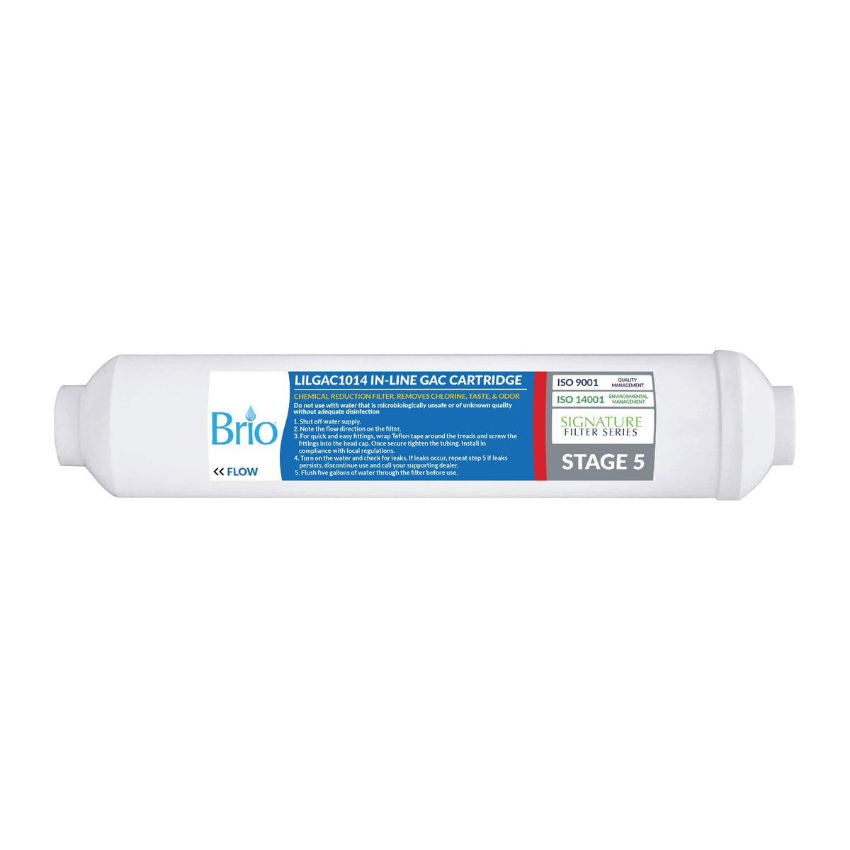 The Stage 5 In-Line GAC Filter Cartridge features a white casing, nozzle connections on both ends, and labeled instructions; a universal replacement for reverse osmosis water filtration systems.