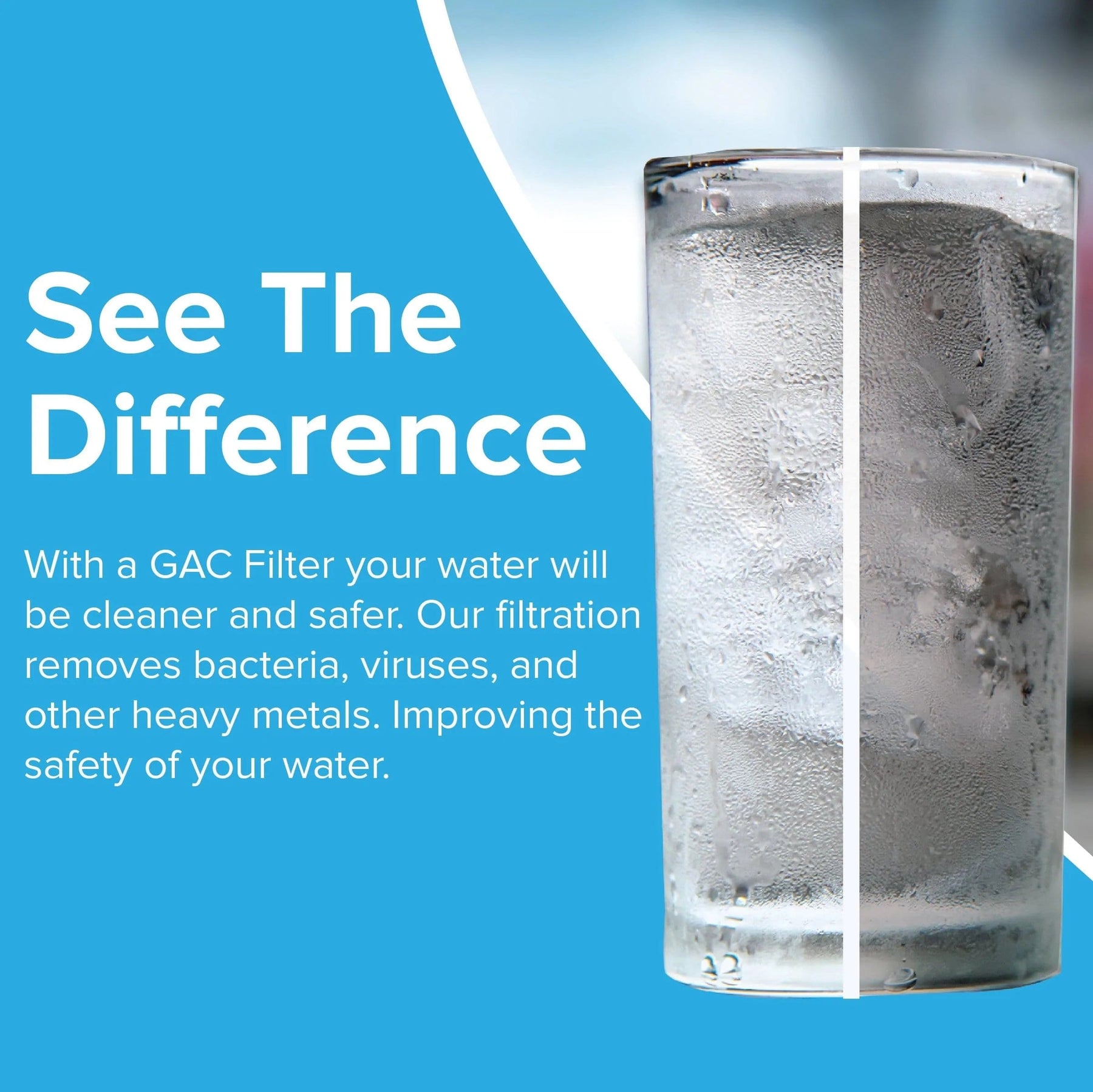 A split image shows a cloudy glass of water on the left, clear on the right. Text reads: See The Difference. The Brio Stage 5 In-Line GAC Filter Cartridge makes your water cleaner and safer—set on a blue background.