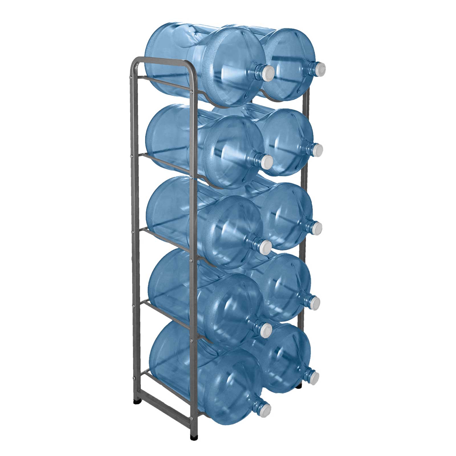 The Brio Double Column 10-Bottle Storage Rack in gray securely holds up to ten water jugs horizontally, keeping each capped bottle organized and easily accessible in two columns of five.