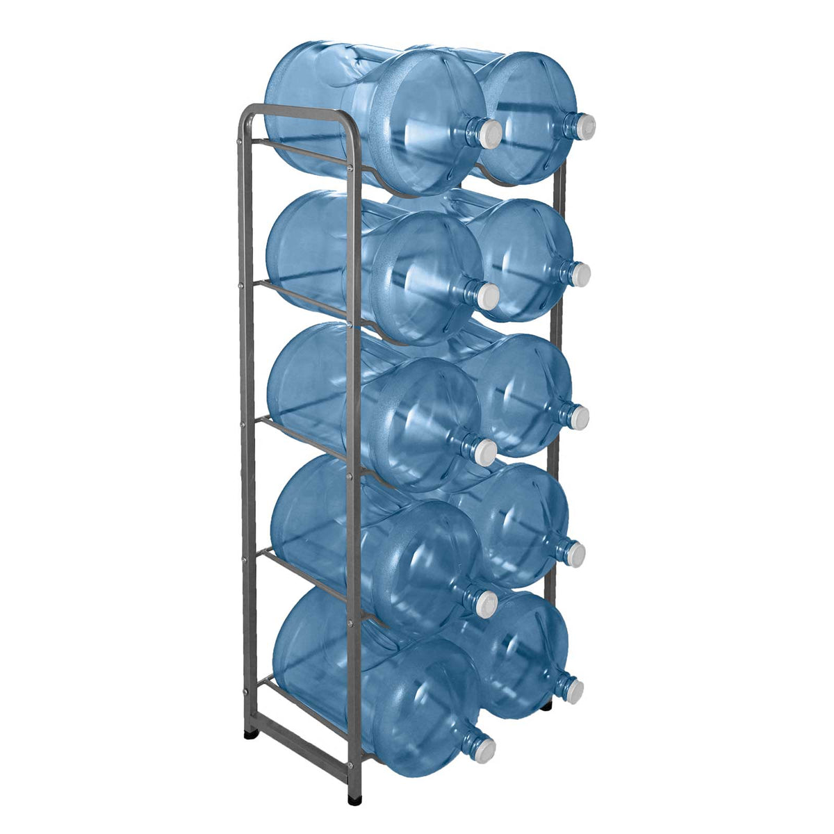 The Double Column 10-Bottle Storage Rack - Gray, a sturdy freestanding metal unit, holds up to ten large water jugs in two columns and is displayed against a white background.