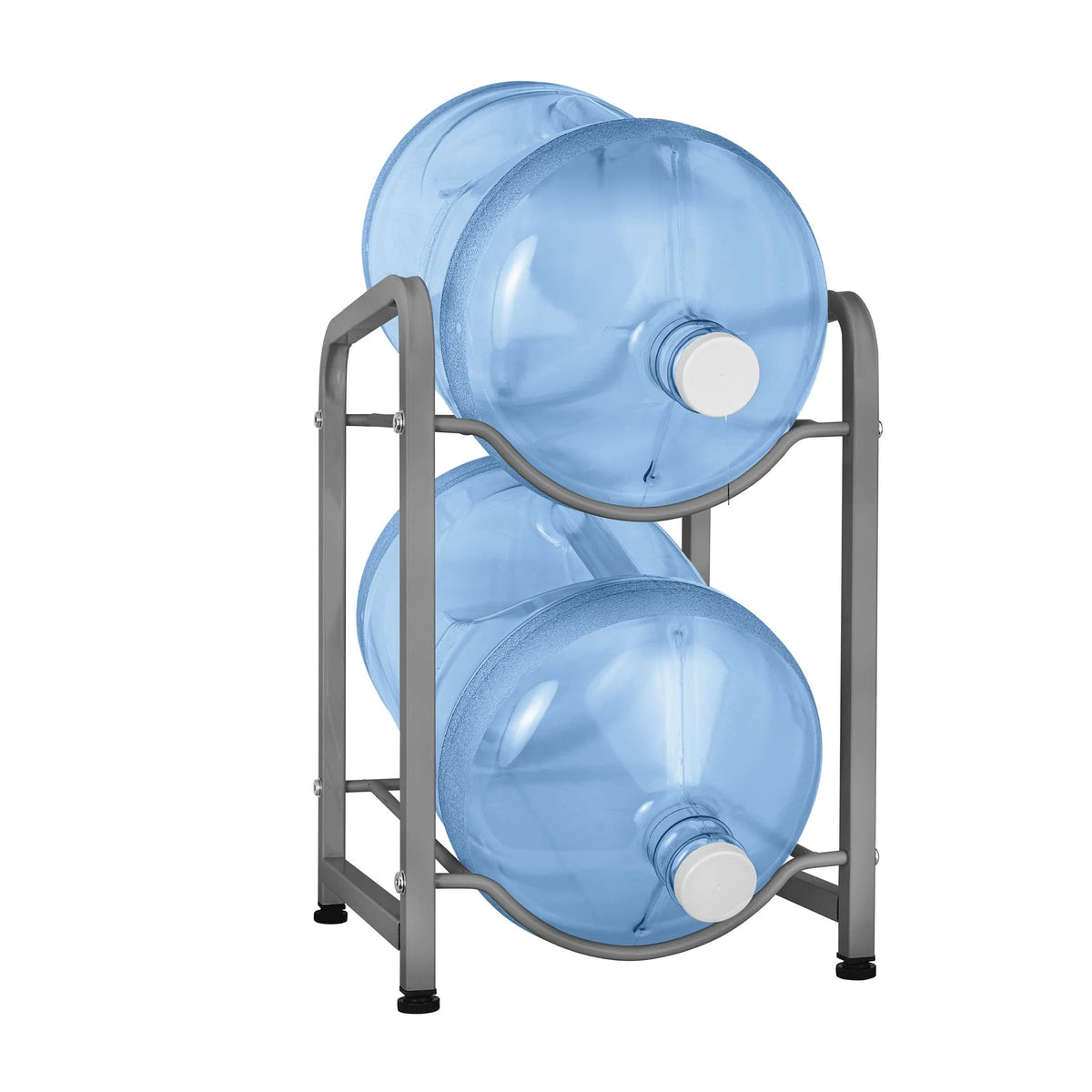 The Single Column 2-Bottle Storage Rack - Gray holds two large water bottles horizontally, one above the other, in a sturdy rectangular frame for efficient organization and storage.