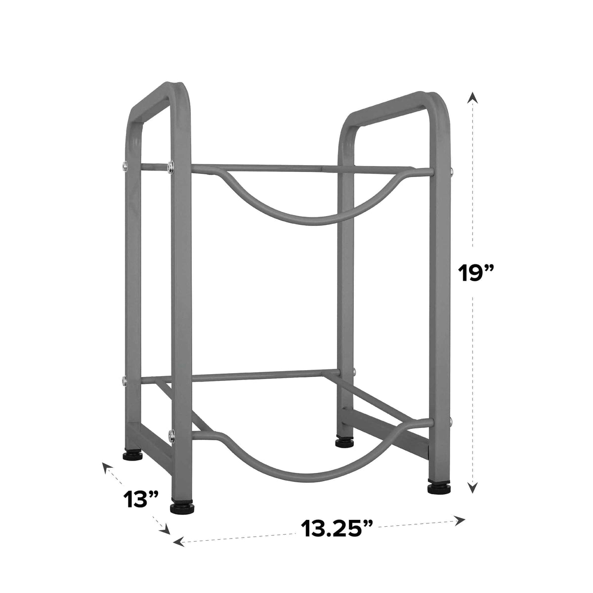 The Single Column 2-Bottle Storage Rack - Gray features curved supports and four legs with black feet. Shown angled, its stainless steel frame measures 19" tall, 13" deep, and 13.25" wide—ideal for water bottle storage.
